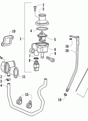 THERMOSTAT WATER INLET FLANGE AND OIL LEVEL STICK ASSEMBLIES